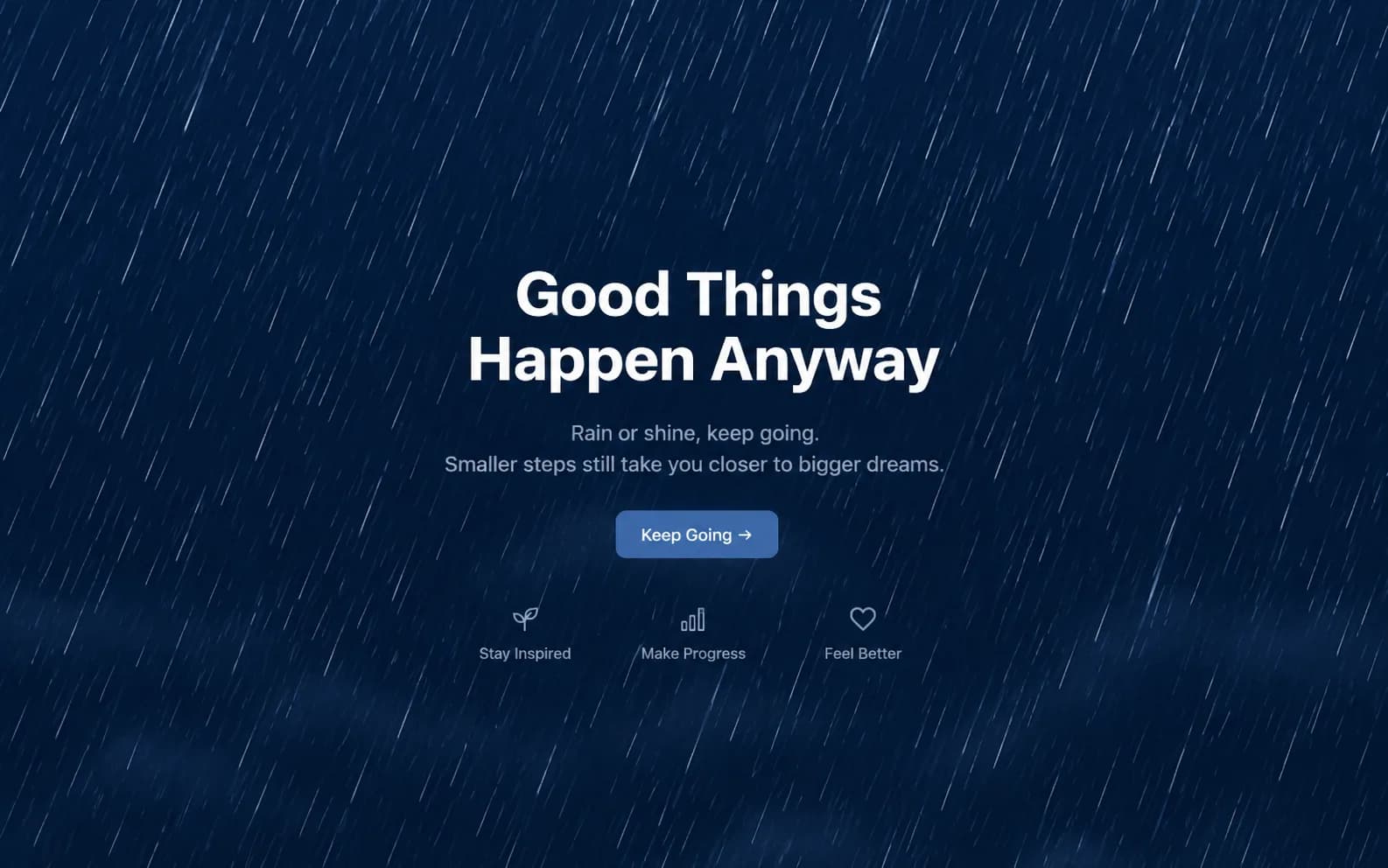 Dark web page with thin diagonal rain streaks falling across the full screen, canvas rain background effect