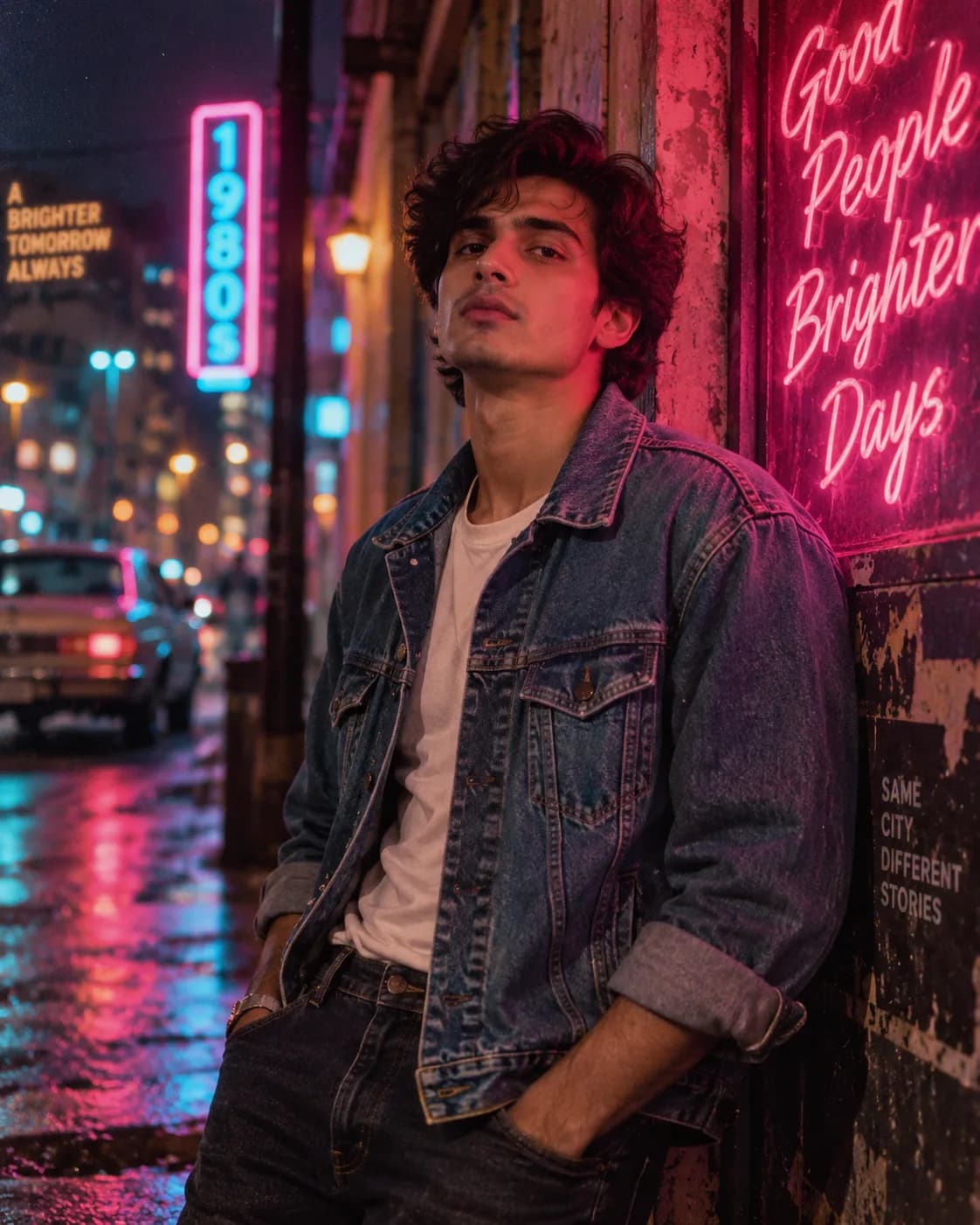 Young man in vintage 80s denim jacket under magenta and cyan neon lights at night, generated with ChatGPT