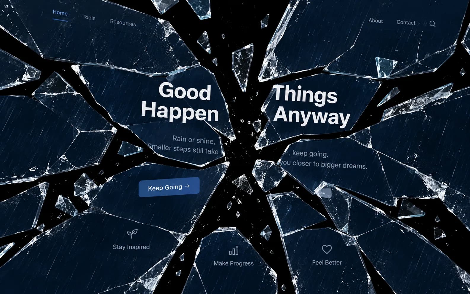 Dark web page breaking into angular glass shards falling away from a crack point, revealing black behind, earthquake screen shatter effect