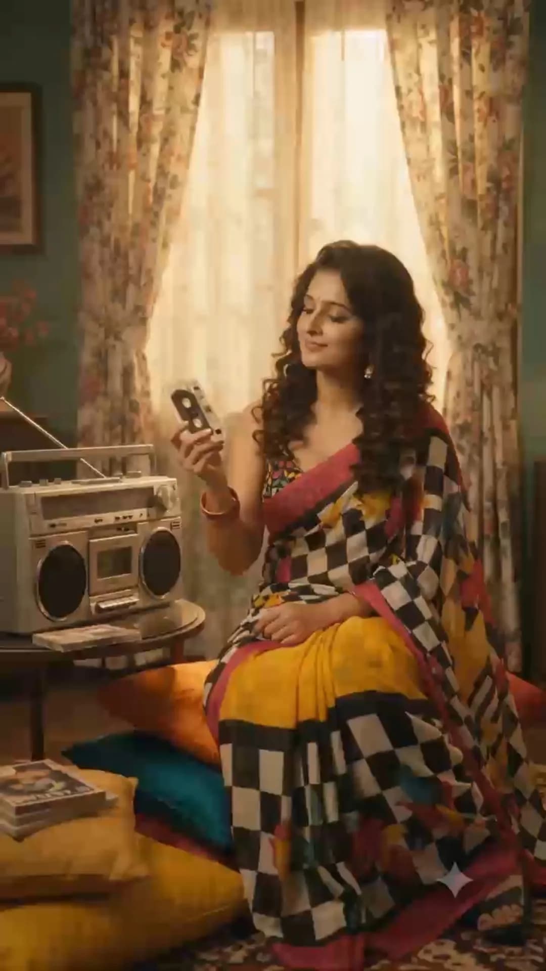 Woman in 1980s saree inserting a cassette into a vintage boombox and swaying to the music, AI video generated with Google Flow